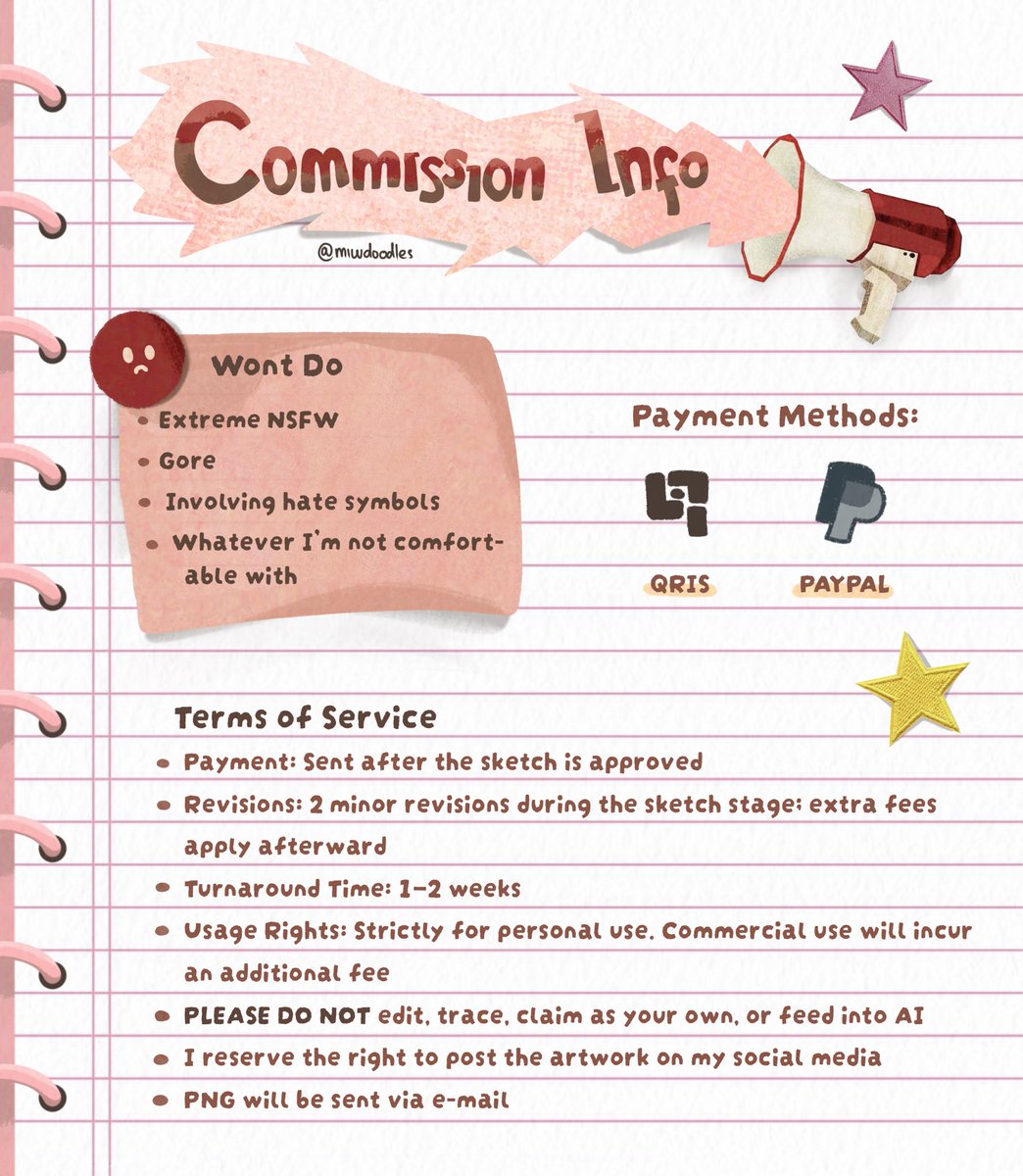 miwdoodles's tweet photo. ♡︎ and ⟳ are very appreciated!

　　🍥 — COMMISSION OPEN!
Hi everyone! I really need to pay my bills so finally I’m opening my commission :3 

if you are interested, please kindly DM me to order!!  ꒰ྀི ≧ᵕ ≦ ꒱ྀི ︎︎︎

⬇️ ToS below 
#ArtCommission #commissionsopen https://t.co/rKSRZ2m1Ot