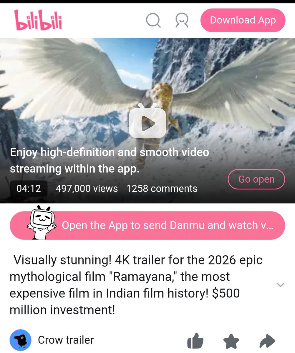 Apna_Bollywood's tweet photo. Here is the #Ramayana trailer. It has been uploaded by multiple Chinese media accounts. One channel has already crossed half million views, while Sony account has even more.
Overall, it has crossed 1M+ views on Bilibili alone. Weibo is extra. And the comments are exploding. 🔥 https://t.co/s41O1Jhn0E