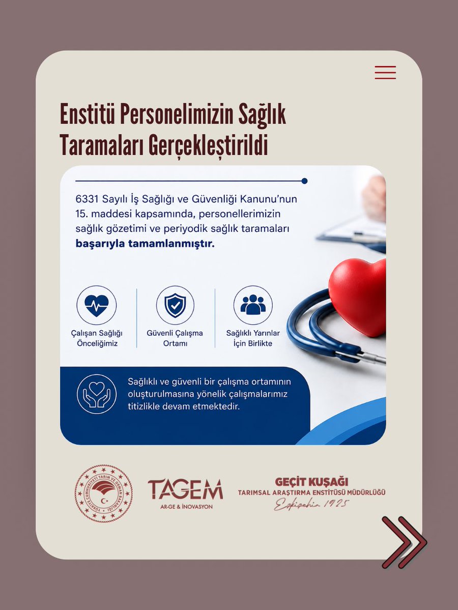 gktaem's tweet photo. Enstitümüzde 6331 Sayılı İş Sağlığı ve Güvenliği Kanunu’nun 15. maddesi kapsamında, çalışanlarımızın sağlıklarının korunması ve çalışma ortamında sağlık ve güvenliğin sürdürülebilirliğinin sağlanması amacıyla gerçekleştirilen periyodik sağlık taramaları başarıyla tamamlanmıştır. https://t.co/DMV8kJrxtI