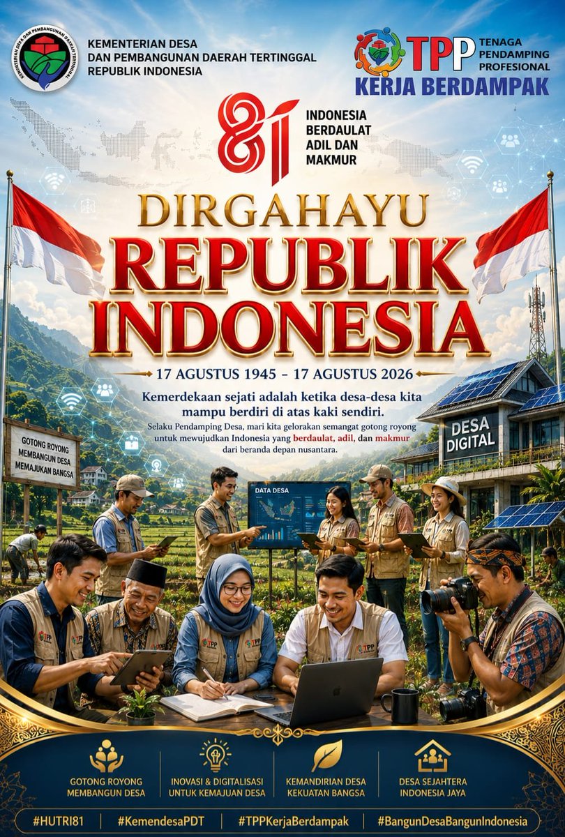 SerinEdmon's tweet photo. DIRGAHAYU REPUBLIK INDONESIA, Dari desa Kita jaga dan bangun negeri dengan seluruh jiwa raga untuk kemakmuran bangsa
@prabowo
@YandriSusanto27
@ArizaPatria
@kemendespdt
@bpsdmkemendesa
#KibarkanMerahPutih
#HUTRIKemendesaPDT
#DesaBerdayaWargaSejahtera
#BangunDesaBangunIndonesia https://t.co/JNdtAnkWKe