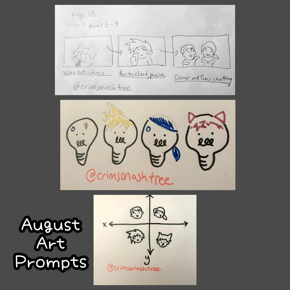 crimsonashtree's tweet photo. August Art Prompts by #DechartGames🎨
Connor, Traci, Cloud and Valko continue their adventures
14. Storyboard
15. Brainstorm 💡💡💡💡
16. 2D Art https://t.co/TOPoKz3gV3
