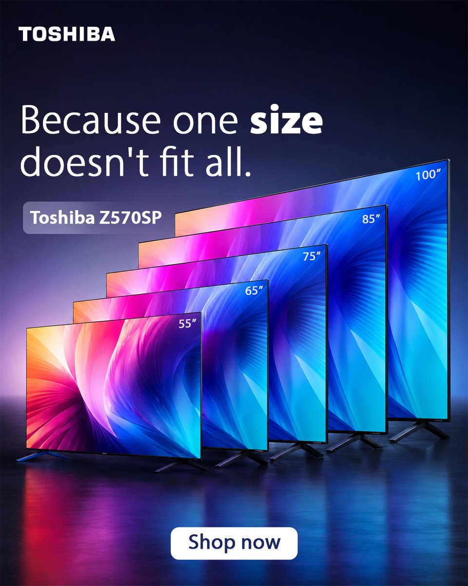 ToshibaTV_India's tweet photo. 55” to 100” — whatever your space, whatever your vibe, there’s a Toshiba Z570SP made for it. Because one size doesn’t fit all. 📺✨

Which size fits YOUR room? Tell us below 👇

#Toshiba #ToshibaZ570SP #ThereIsASizeForEveryone #SmartTV #UpgradeYourScreen https://t.co/dtoM1guagI