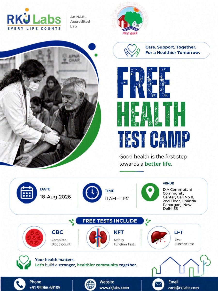 RKJLabs's tweet photo. Good health is the first step towards a better life. 💙

RKJ Labs brings a FREE Health Test Camp to New Delhi.

🩸 CBC | 🫘 KFT | 🫀 LFT
📅 18 Aug | ⏰ 11AM–1PM
📍 Dhanda Paharganj, New Delhi

Your health matters. ❤️

#RKJLabs #FreeHealthCamp #Delhi https://t.co/WHkh9aYHNW