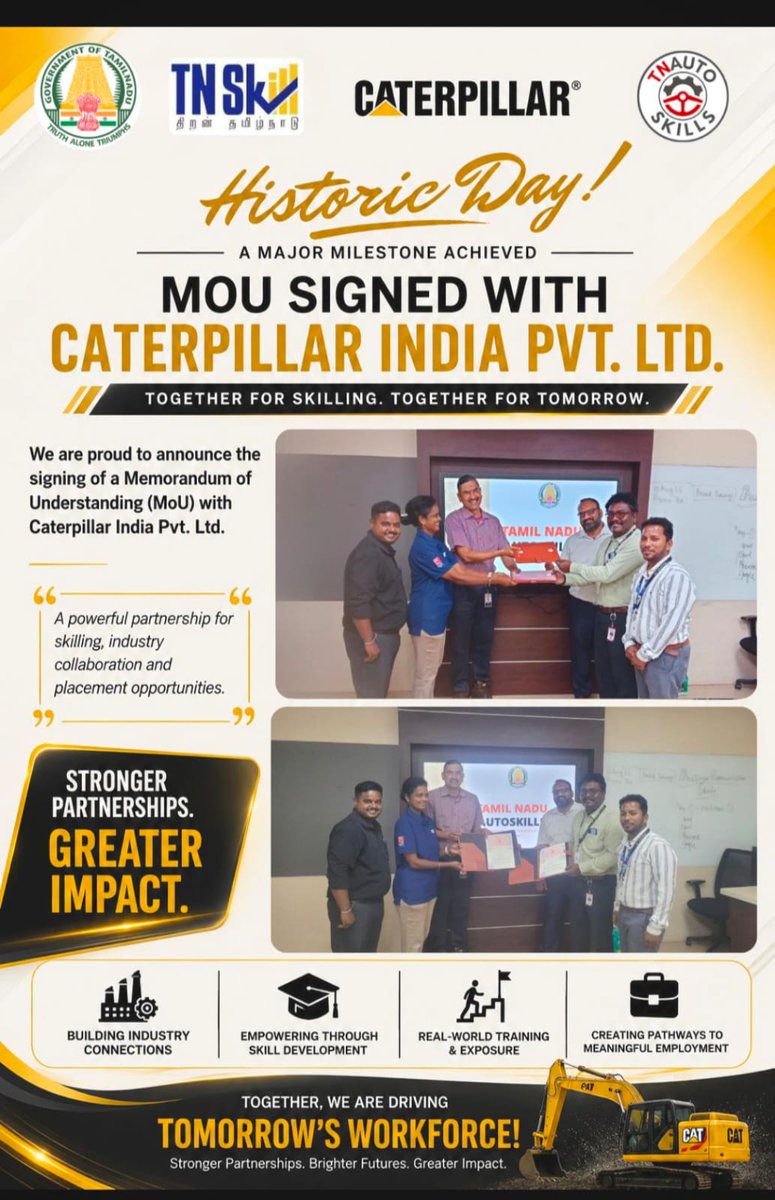 TnAutoSkills's tweet photo. TN AutoSkills sign an MoU with Caterpillar India Pvt. Ltd. to strengthen industry aligned skill development &amp; employment opportunities. Empowering youth with industry-ready skill&amp; building future-ready workforce  automotive sector.#TNAutoSkills#CaterpillarIndia
#SkillDevelopment https://t.co/VsBFTxW6Nz