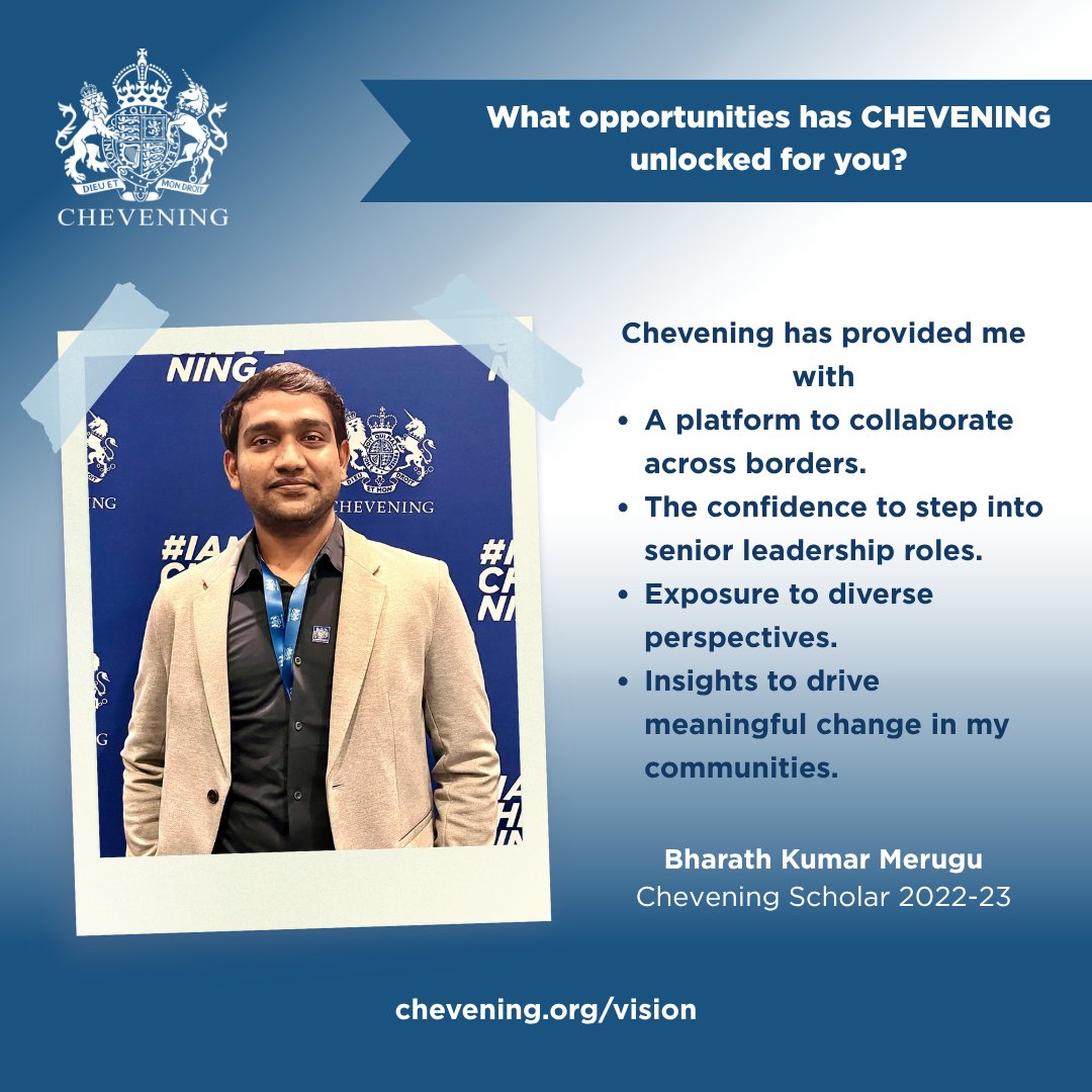 UKinHyderabad's tweet photo. A #Chevening Scholarship is more than an opportunity to study in the UK. It's a chance to join a global community of leaders &amp; create lasting impact.

Hear what our alumni Bharath took away from the experience. 👇

Learn more: https://t.co/P861Bp1AQj

#ChooseChevening #StudyUK https://t.co/24MizG47Ni