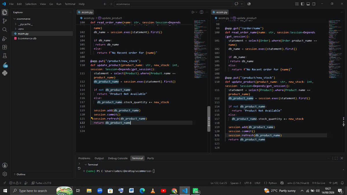 Yourtechguy_001's tweet photo. Day 60 of Python 🐍

Built a full E-commerce &amp; Inventory Service with FastAPI &amp; SQLModel 🛍️

• Product &amp; order calculation logic
• Stock checks &amp; auto-deductions
• Restock endpoints via PUT
• Persisted in Ecommerce.db

Hard work paid off! 🚀

#BuildInPublic #Python #FastAPI https://t.co/QdDEc78d3V