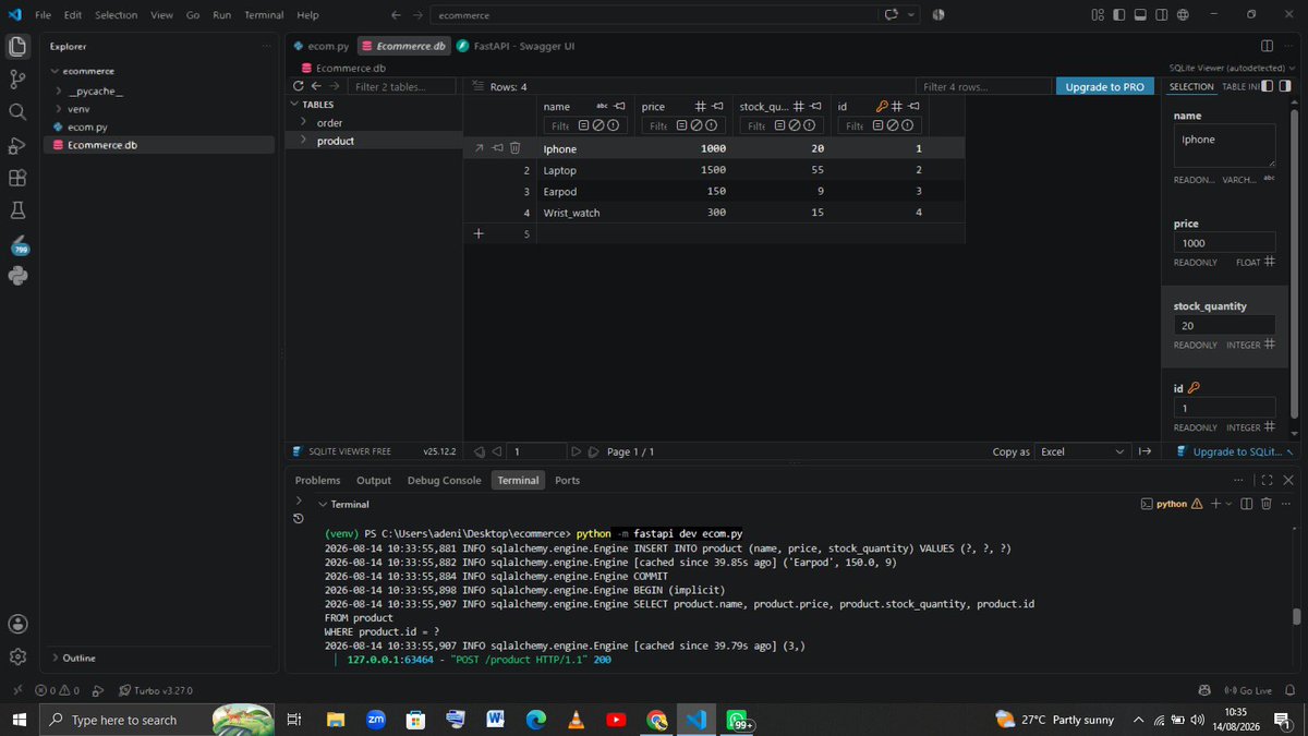Yourtechguy_001's tweet photo. Day 60 of Python 🐍

Built a full E-commerce &amp; Inventory Service with FastAPI &amp; SQLModel 🛍️

• Product &amp; order calculation logic
• Stock checks &amp; auto-deductions
• Restock endpoints via PUT
• Persisted in Ecommerce.db

Hard work paid off! 🚀

#BuildInPublic #Python #FastAPI https://t.co/QdDEc78d3V