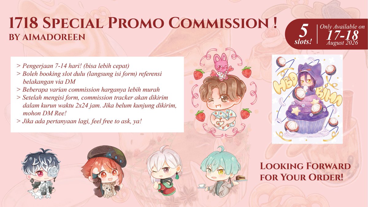 aimadoreen's tweet photo. [RT &amp; Like are appreciated!]
🇮🇩 1718 Special Promo Commission! 🇮🇩 

🍓 INA Only
🍓 Only available on 17-18 August 2026!
🍓 5 slots available
🍓 Payment via Spay/Gpay

More details on pict!❤
More samples on thread!🧵
#commission #artidn https://t.co/1lXny99BmJ
