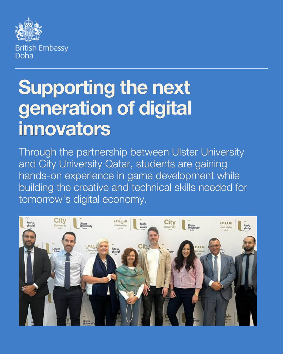 ukinqatar's tweet photo. Great to see @UlsterUni and @CUQUlster bringing students together for a hands-on game development experience in Doha. The initiative showcases the value of UK-Qatar educational partnerships and the skills driving the future digital economy. 🎮 https://t.co/qgS46dsZWA