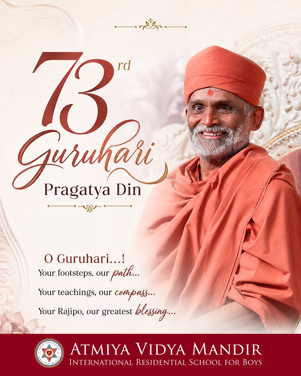 AVMupdates's tweet photo. Celebrating the 73rd Pragatya Parv of Guruhari Prabodh Swami Maharaj. 🙏

Heartfelt gratitude from every member of the Atmiya family on this auspicious day — for keeping alive the spirit of Atmiyata and We Are One, and for inspiring us to walk the path shown to us by Guruhari Hariprasad Swamiji.

Guruhari, please bless us that our thoughts, actions and lives always remain aligned with this purpose — to live with Atmiyata, to serve with sincerity, and to seek only your Rajipo.

@ihariprabodham

#PragatyaParv #GuruHariPrabodhSwamiji #AtmiyaVidyaMandir #Atmiyata #WeAreOne #Rajipo