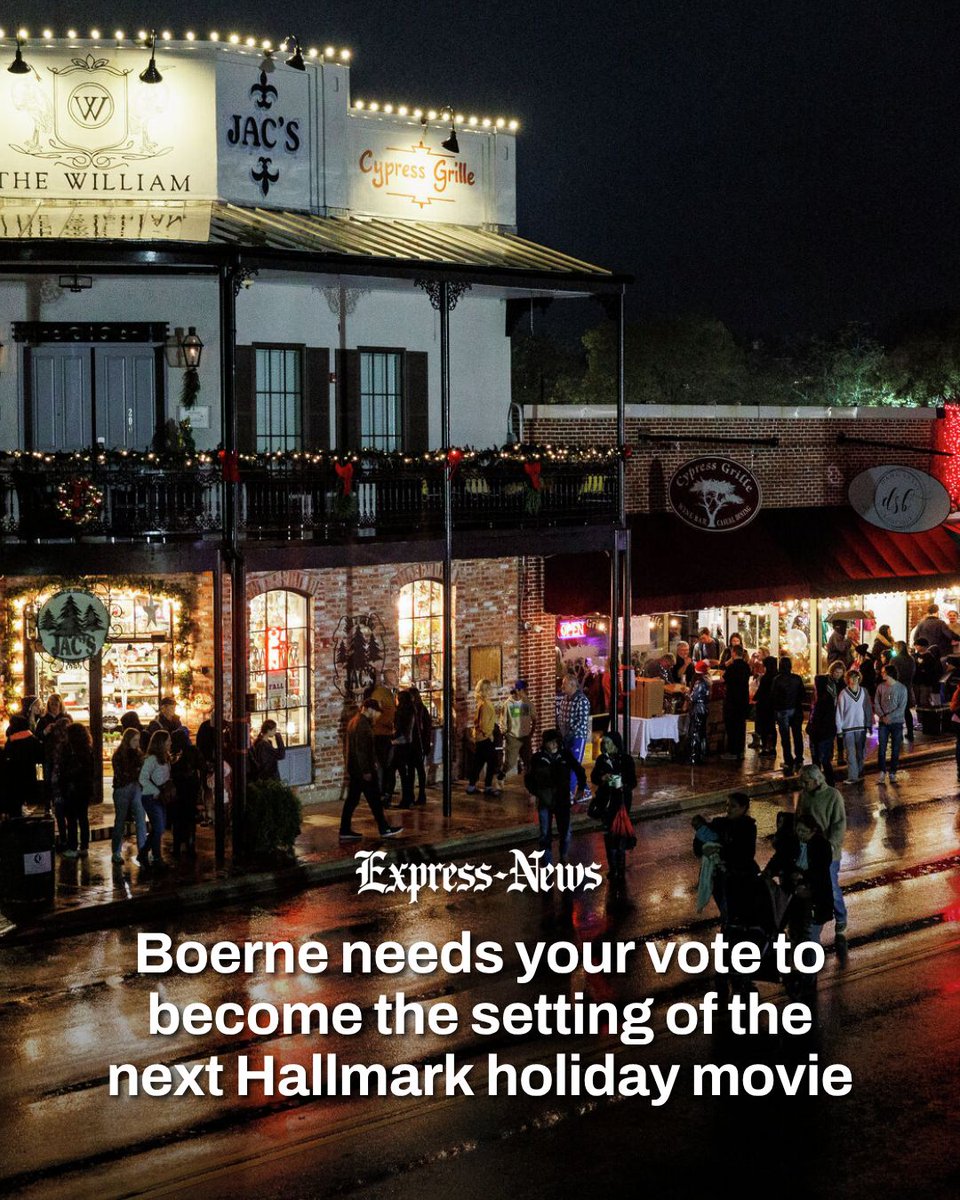ExpressNews's tweet photo. Boerne is one of 25 finalists in Hallmark’s Merriest Christmas Town competition and the only Texas contender. The winner will receive both the title of “Hallmark’s Merriest Christmas Town” and the chance for a Hallmark movie to be filmed there. https://t.co/yaEqrrT9vI https://t.co/3Bggtv7FbZ