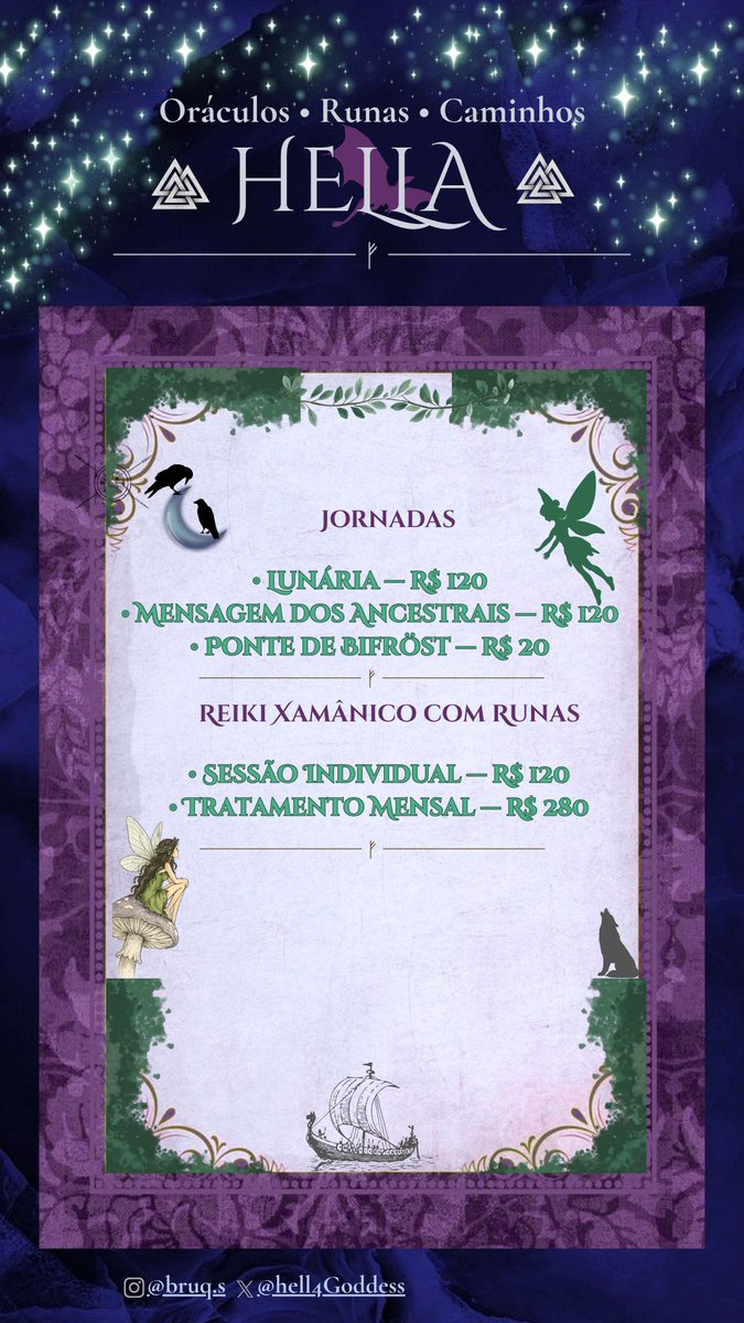HelladThor's tweet photo. 🪻Seja bem-vindos🪻
Entrem
                    ᚱ ⸻ ᛟ
A floresta é antiga, mas nunca a mesma.
Há quem encontre aqui respostas. Há quem encontre perguntas melhores. Há quem simplesmente se lembre de quem sempre foi.
                           ❈
Meu nome é Hella.🍄
Runomante, cartomante e artista.
                        ☽ ✦ ☾
Aqui você encontrará leituras tradicionais, métodos autorais e caminhos inspirados na natureza, na mitologia nórdica, com uma pitada de Tolkien e na magia que habita os ciclos da vida.
Que a aurora ilumine seu caminho, que a floresta o acolha.
Consultas de segunda a sexta, agende através do wpp https://t.co/qsiX7hCVb5