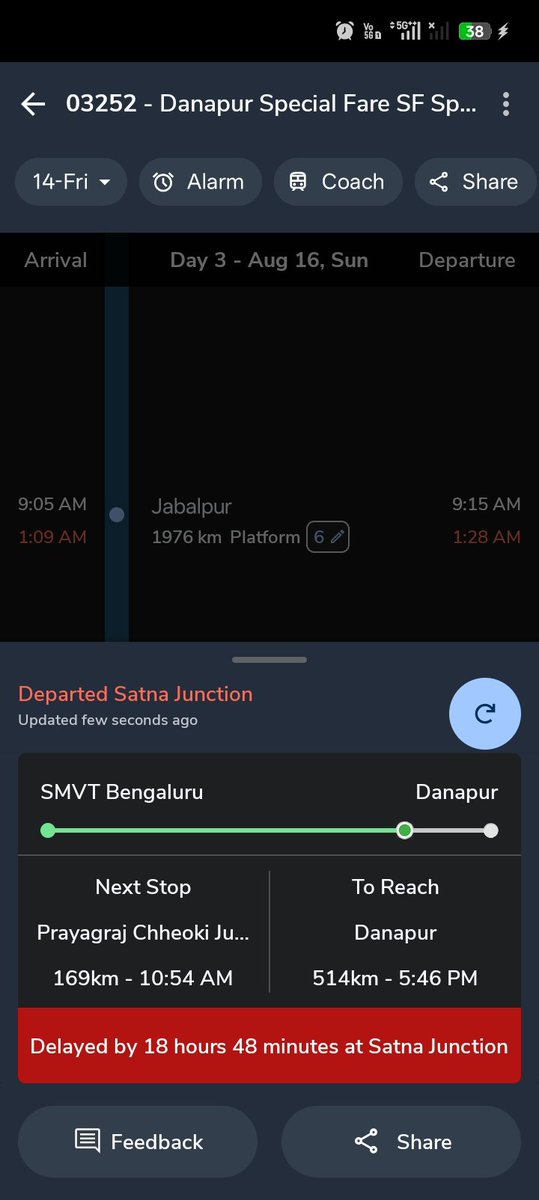 Akashpal7654's tweet photo. Train no 03252. SMVT banglore to Danapur special train 18 hour delay chal rha hai Kya @RailMinIndia aap bata sakte hai Danapur kitne baje tak pahuch sakte hai ghar se bahut call aarha https://t.co/SW1ayAZoon