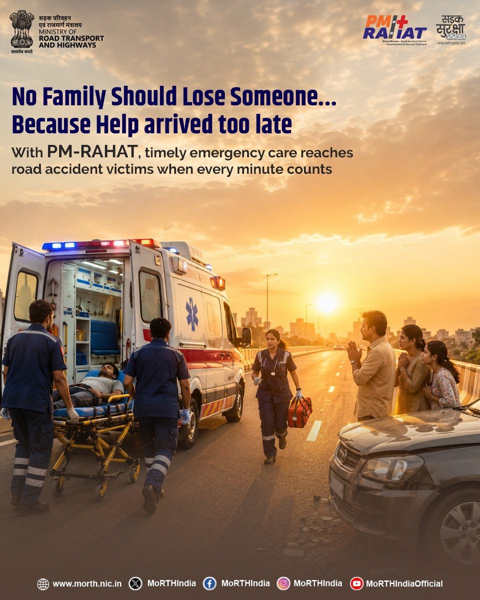 MORTHIndia's tweet photo. When every minute counts, timely help can make all the difference.

PM-RAHAT helps eligible road accident victims access emergency care when they need it most.

#PMRAHAT #RoadSafety #SadakSurakshaJeevanRaksha https://t.co/bJdYw3STPT