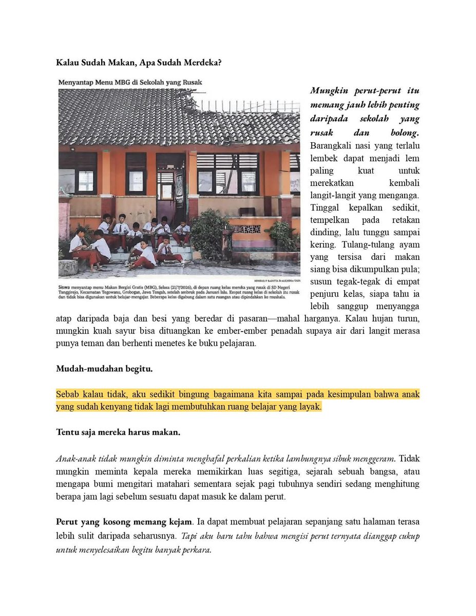 aightlxveme's tweet photo. Kalau Sudah Makan, Apa Sudah Merdeka?—Sebab merdeka bukan sekadar perut yang terisi, tetapi tentang apakah manusia masih punya suara ketika lapar, pilihan ketika terdesak, dan hak untuk hidup tanpa harus terus-menerus merasa berutang pada negara. https://t.co/QgZx1ryvUc