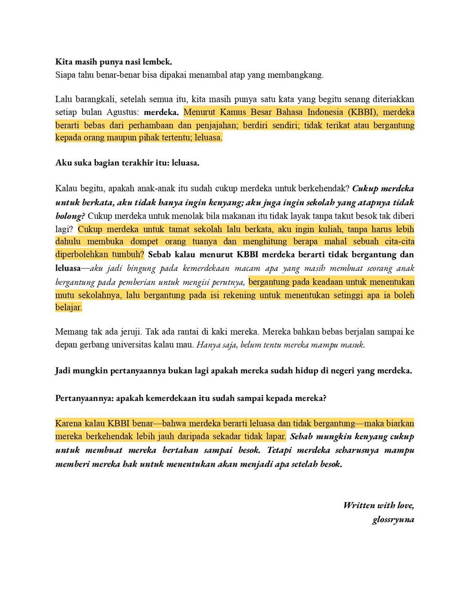 aightlxveme's tweet photo. Kalau Sudah Makan, Apa Sudah Merdeka?—Sebab merdeka bukan sekadar perut yang terisi, tetapi tentang apakah manusia masih punya suara ketika lapar, pilihan ketika terdesak, dan hak untuk hidup tanpa harus terus-menerus merasa berutang pada negara. https://t.co/QgZx1ryvUc