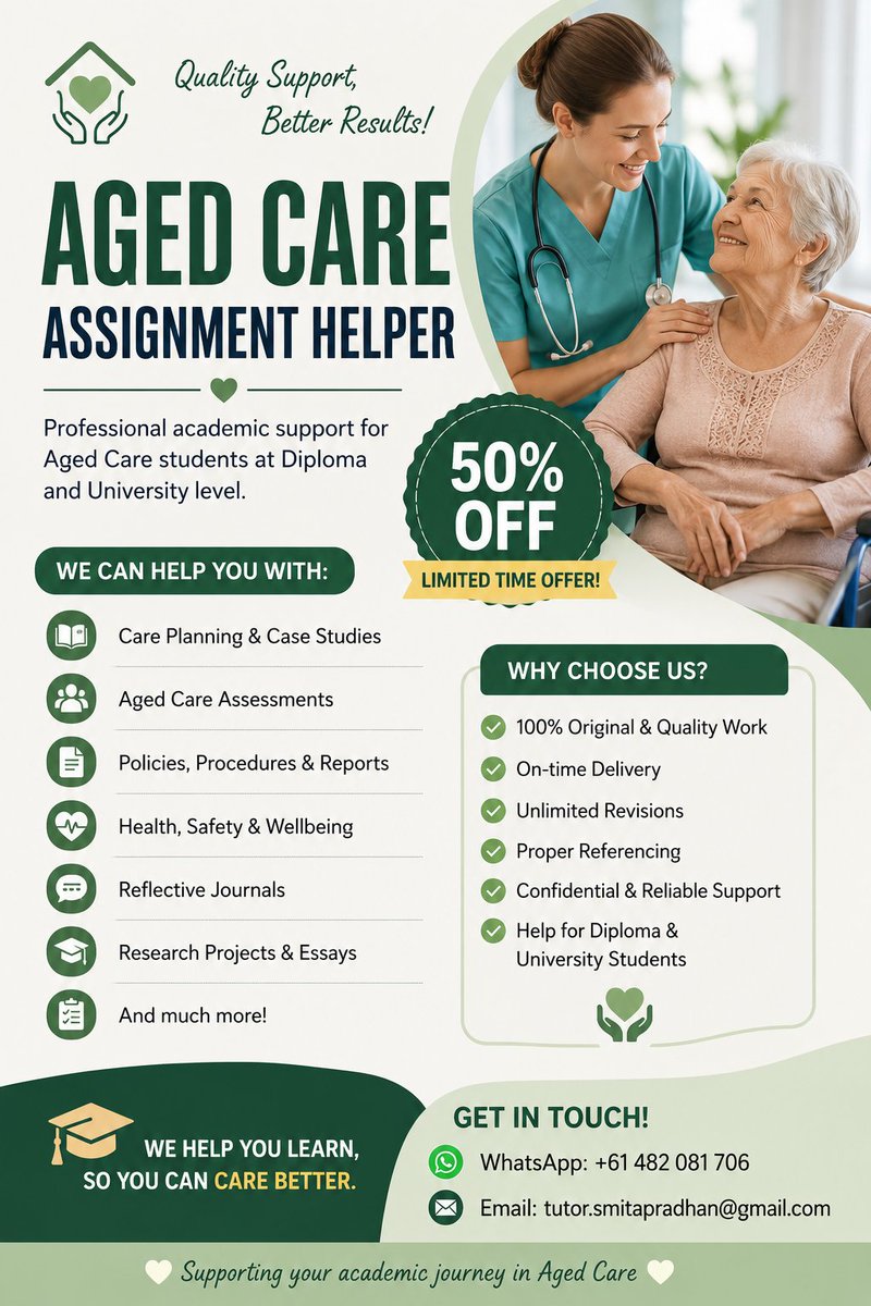 Smita566's tweet photo. Aged Care Students, We’re Here to Support You! 
Get reliable help with care plans, case studies, assessments, reports, reflective journals, research &amp; more.
🔥 50% OFF – Limited Time Offer!

📲 WhatsApp: +61 482 081 706
📧 tutor.smitapradhan@gmail.com https://t.co/W3MCI3ejE8