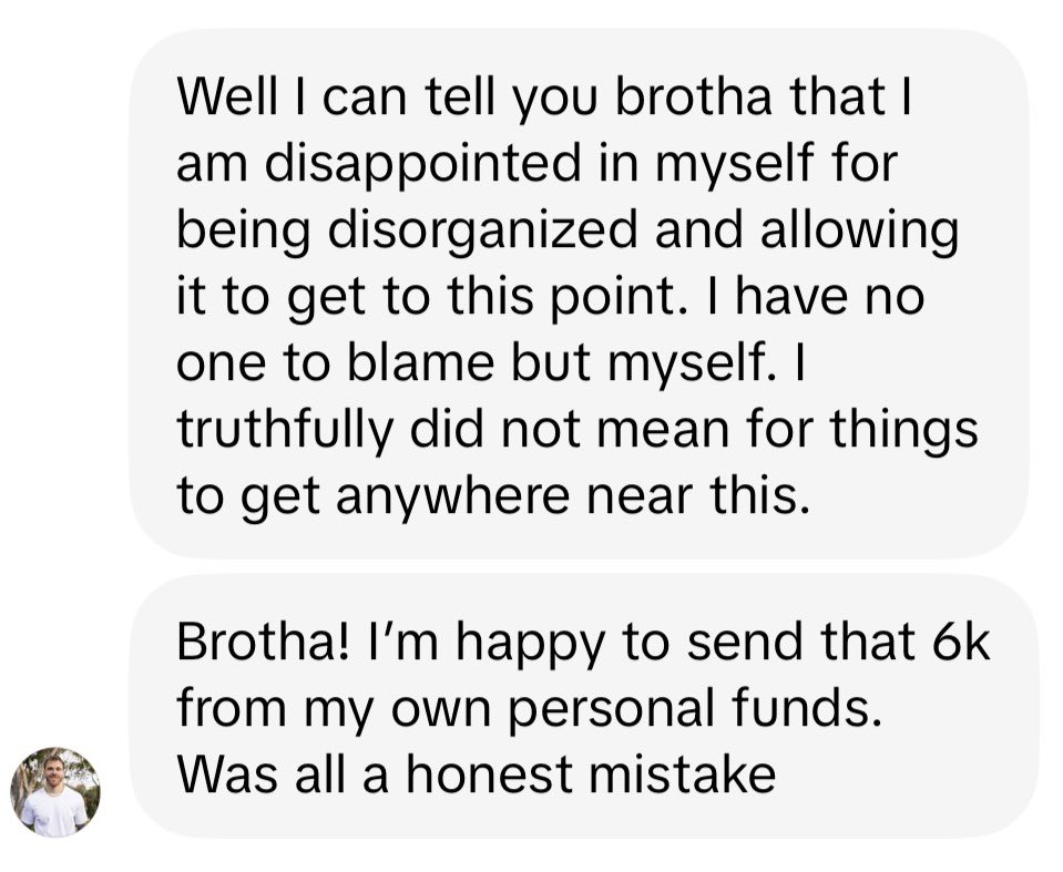 xDOPEYx's tweet photo. For everyone asking. I offered to send him receipts for the trip and he declined. Dudes just trying to cover his ass. Cause if I was in the wrong he wouldn’t have unblocked me and he wouldn’t have sent me 4K. He would have sent the lawyers. I thought this was over but dude made an absolute horrible response video and tried to smear me after presenting facts. Never said I'd already be there. I just never fully explained. Just like I never posted in ANY of my posts that I had health issues. Because some things are for the parties involved. And I wasn’t looking for sympathy. I posted facts. I made arrangements with my buddy AFTER talking to Cassius. Notice the hour long pause between messages..there’s a very excited reunification call going on at that time. He asked me how much the trip cost NOT JUST A FLIGHT. Hotel, rental car, round trip tickets AND new hotel and ticket. 

If you are a content creator or person with credibility and would like to see the full DMs please dm me and I will share a video message of our whole conversation. Understand I have zero to lose. I’m not the one needing to do damage control or save face. Which is exactly what unblocking me and offering to pay for the trip felt to me. So before anyone says I extorted him, he offered me SIX GRAND and I declined. Also if I never confirmed a flight how did he know the plane was gonna be there Monday? 

Cassius let’s really smash all this. You want to voice call and video debate all this or are we done peacocking?