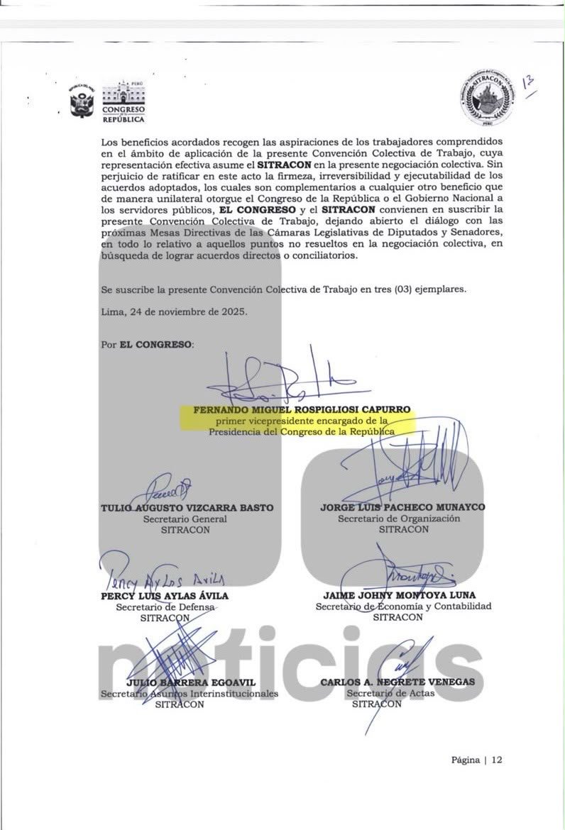 Latina_Noticias's tweet photo. 🚨 #EXCLUSIVO Punto Final | Antes de dejar la presidencia del Congreso, Fernando Rospigliosi firmó un convenio colectivo que incrementó en 15% el sueldo base de todos los trabajadores del Parlamento y elevó algunas bonificaciones.

El Congreso se negó a entregar el documento a Latina Noticias, pero la Unidad de Investigación logró acceder al convenio firmado con el sindicato de trabajadores y lo hace público.

📌 Accede al documento del convenio: https://t.co/w1WbivdepC