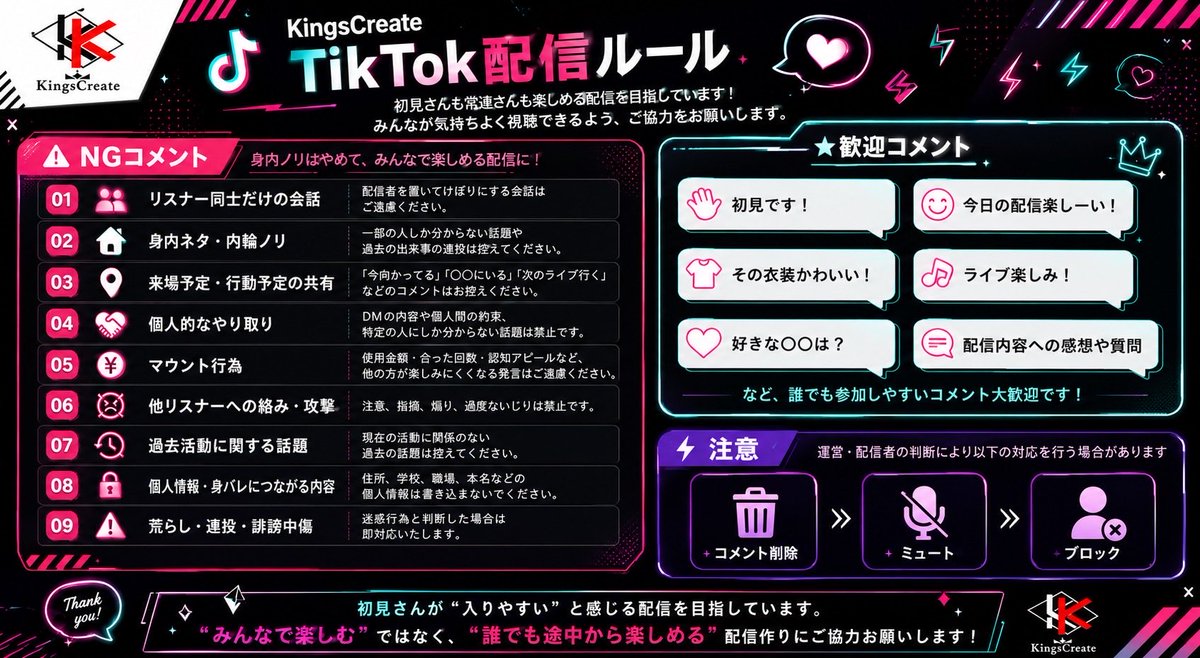 Kings_Create's tweet photo. 【TikTok配信について📱✨】

いつもKingsCreate所属グループのTikTok配信をご覧いただきありがとうございます！

初見さんも常連さんも、
みんなが気持ちよく楽しめる配信にするため
「TikTok配信ルール」をまとめました💡

配信へご参加いただく際は、
画像の内容をご確認のうえコメントをお願いいたします！