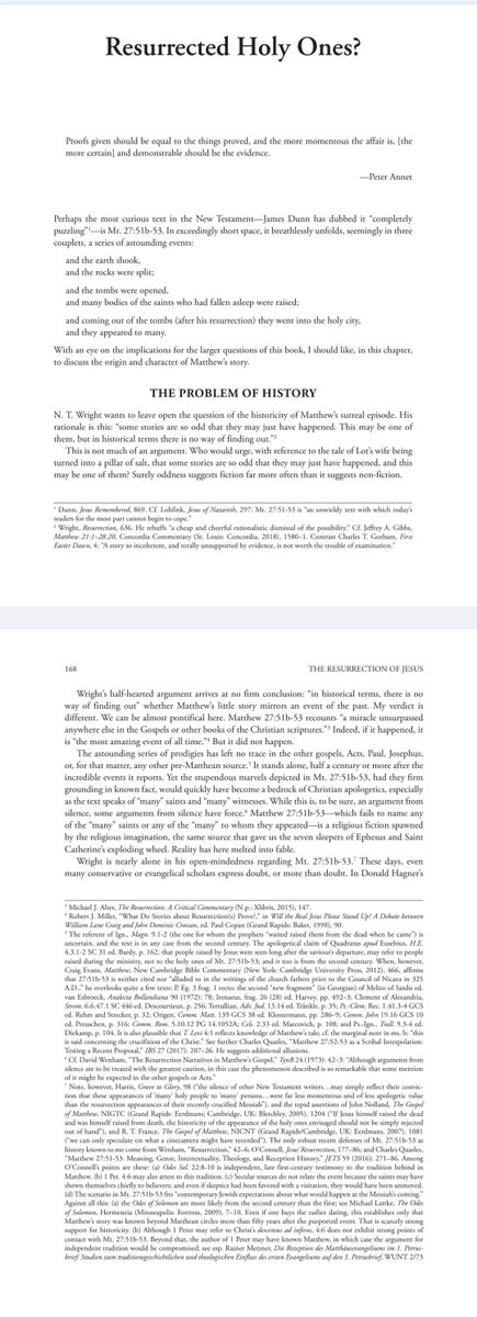 doofgeek4011's tweet photo. Per Allison, the key is that the choice isn't simply between “this literally happened” &amp; “Matthew knowingly wrote a metaphor.” Allison’s historical judgment is that Matthew 27:51b–53 didn't happen as narrated. An event involving “many” resurrected saints appearing to “many”...🧵 https://t.co/tlcu10dwKH