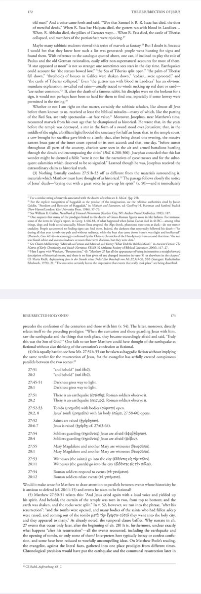 doofgeek4011's tweet photo. Per Allison, the key is that the choice isn't simply between “this literally happened” &amp; “Matthew knowingly wrote a metaphor.” Allison’s historical judgment is that Matthew 27:51b–53 didn't happen as narrated. An event involving “many” resurrected saints appearing to “many”...🧵 https://t.co/tlcu10dwKH