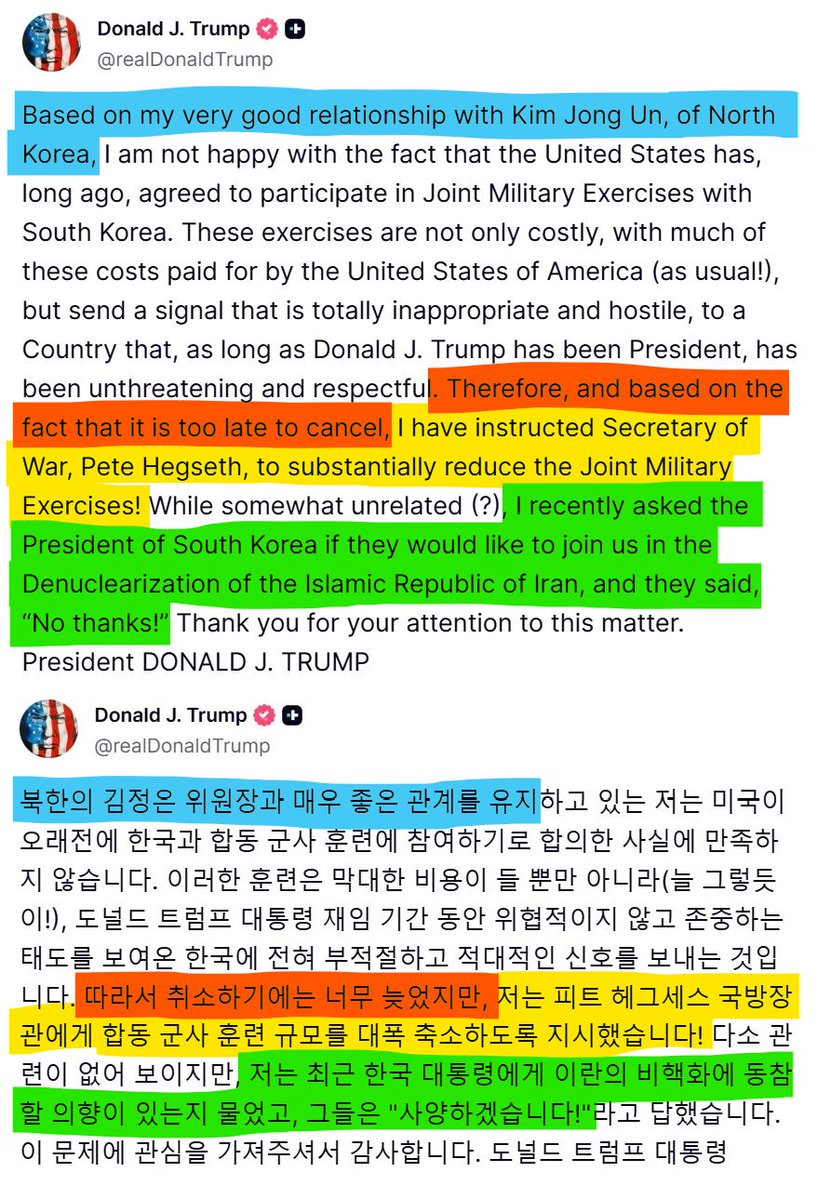 RealTonySLee's tweet photo. [한국이 북한과의 회담 제안]이라는 뉴스가 나오고, 
트루스 소셜 게시글이 올라온 것임...

대놓고 쿠사리 먹이면서, 깝치지 말라고 경고한 것 같은데요?
얼굴에 x을 펴바른 수준으로 보이는데요? https://t.co/dvbAfQTv3x