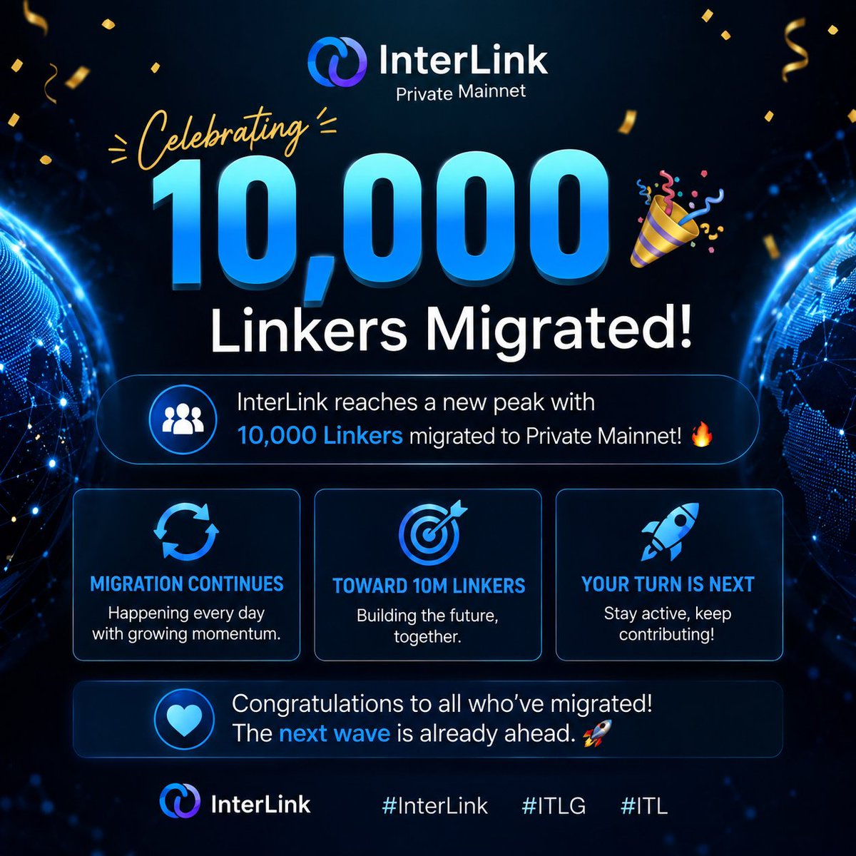 Nikel124's tweet photo. 🎉 *10,000 Linkers Migrated!*🚀

InterLink reaches a new peak with 10,000 Linkers migrated to Private Mainnet! 🔥

Migration continues every day as the ecosystem moves toward 10M Linkers🌐

Stay active. Keep building. Your migration wave could be next! 🫡

#InterLink #ITLG #ITL https://t.co/pEtBWTAtwd
