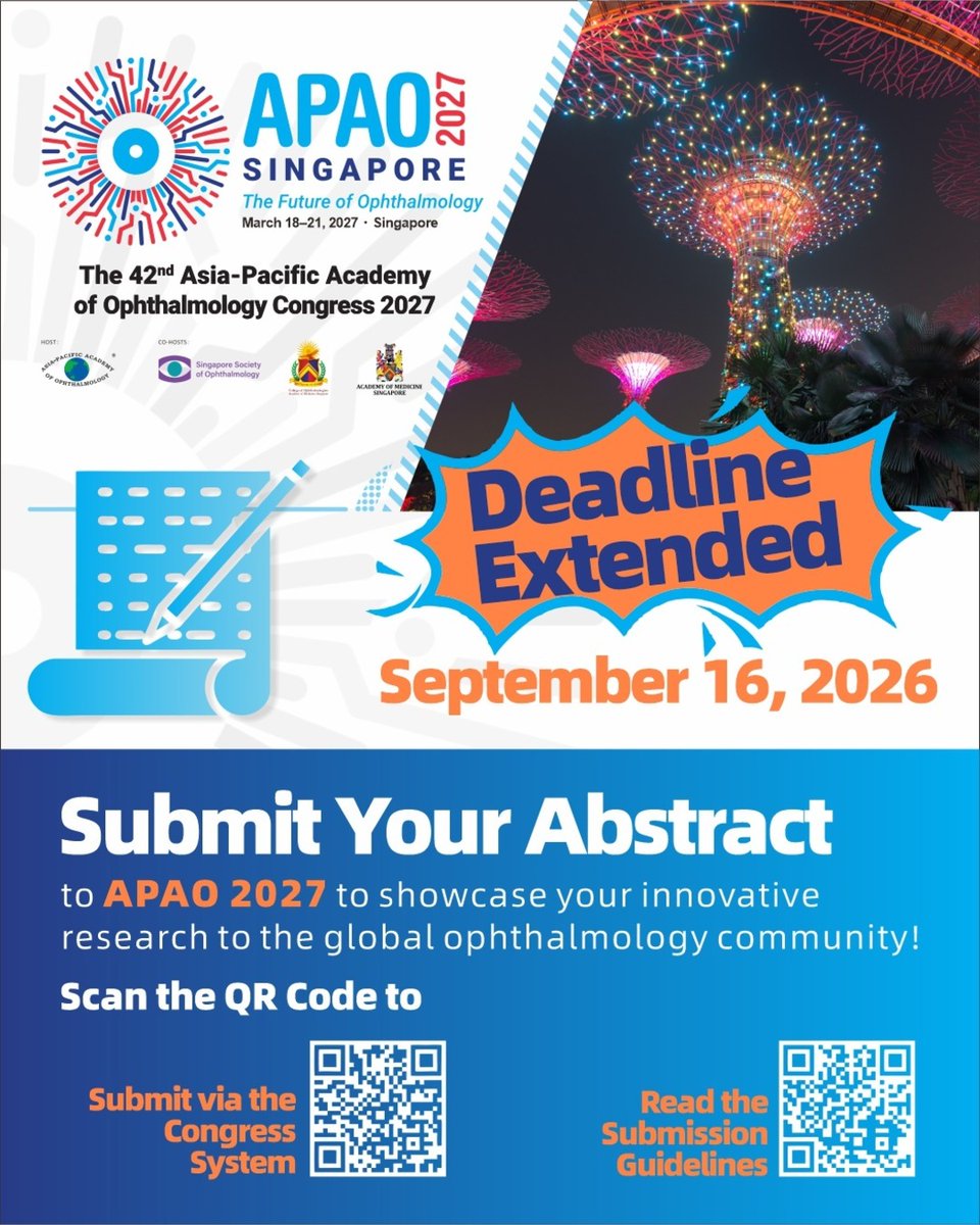 APAOphth's tweet photo. 🎉 The abstract submission deadline has been extended to September 16, 2026!
Share your innovative research with the global ophthalmology community at APAO 2027.
📅 New Deadline: September 16, 2026
👉 Submit now: https://t.co/sfdFz03kg2
#APAO2027 #APAO #Ophthalmology https://t.co/3WV8qd3zns