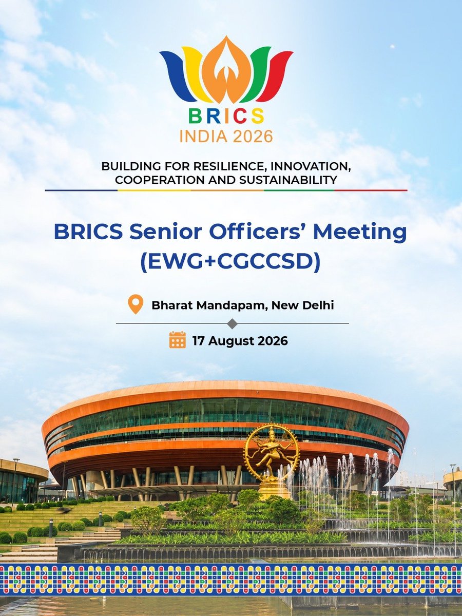 moefcc's tweet photo. Senior Officers' Meeting under the BRICS Environment Working Group (EWG) and Contact Group on Climate Change & Sustainable Development (CGCCSD) commences today.

The meeting will bring together Member Countries to engage in constructive discussions and strengthen environmental cooperation.

📍 Bharat Mandapam, New Delhi

#BRICS2026 
#BRICSIndia2026 
#IndiaBRICSChairship 
#EnvironmentWorkingGroup
#ClimateChange #SustainableDevelopment

@BricsIndia2026