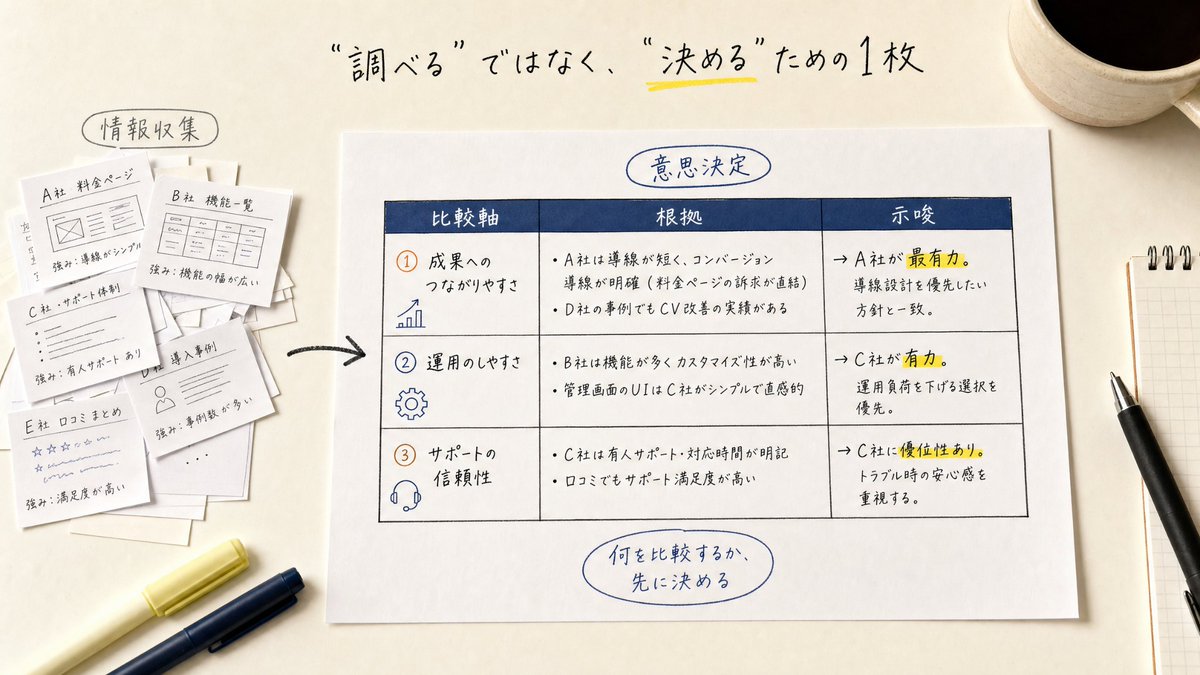 ForRyuri's tweet photo. 競合調査、いつの間にか『各社スクショ集』になってたことない？集めるのが目的化して、示唆はゼロ。比較軸を決めて出典付きで埋めるところまでをClaudeのやり方(Skill)にしたら、“調べる”じゃなく“決める”ための1枚が出るようになった。 https://t.co/qcv9V0hsTk