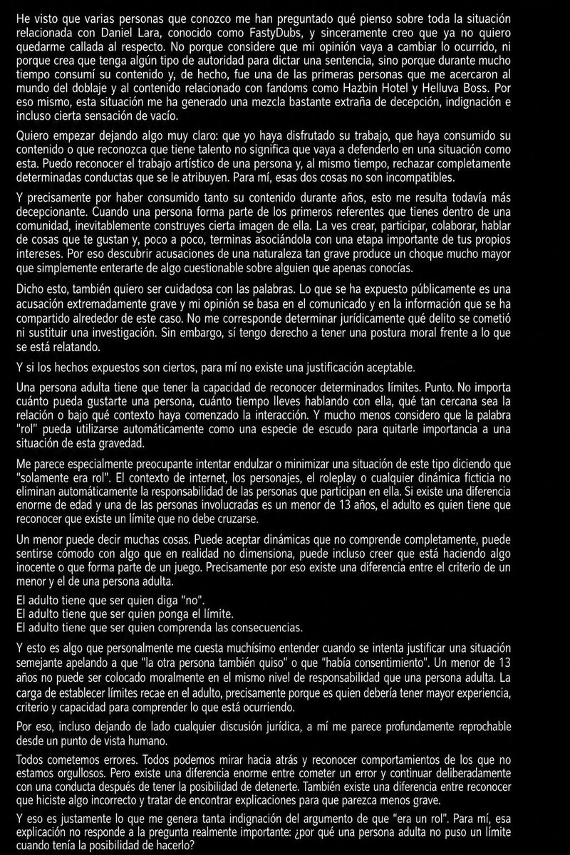KrisMoonDubs's tweet photo. He visto que varias personas que conozco me han preguntado qué pienso sobre toda la "Funa" relacionada con FastyDubs.
Prefiero ser crítica con las personas que alguna vez admiré antes que convertir mi admiración en una excusa para defender lo indefendible. #fastydubs #funa https://t.co/ta2ijvj9r2
