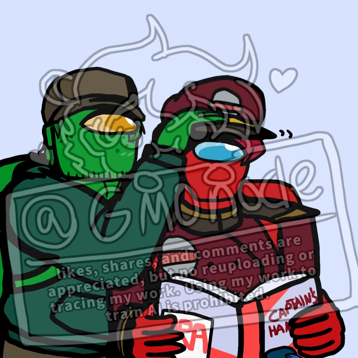 GMonocle's tweet photo. [likes, shares, and comments are appreciated, but no reuploading or tracing my art. Using my art to train A/I is prohibited.]

So, I had this silly dream where Green was readjusting Red's hat, and I had to draw it!

#gmonocleart #amongusgreen #amongusred #amongusshow #amongus https://t.co/saqSSygCiB