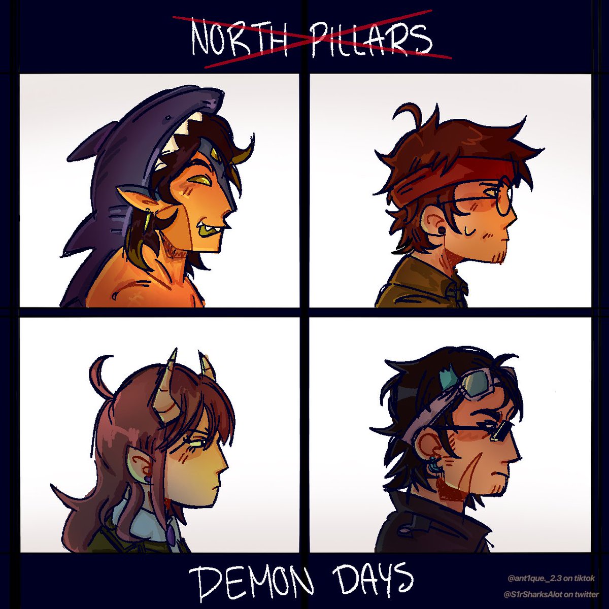 S1rSharksAlot's tweet photo. I feel like I’ve only posted chibis so here’s The Pillars of the North as the Demon Days album 

#qsmp2  #foolishfanart #juanguarnizofanart #tinakittenfanart #aldogeofanart https://t.co/AE467eO9TX