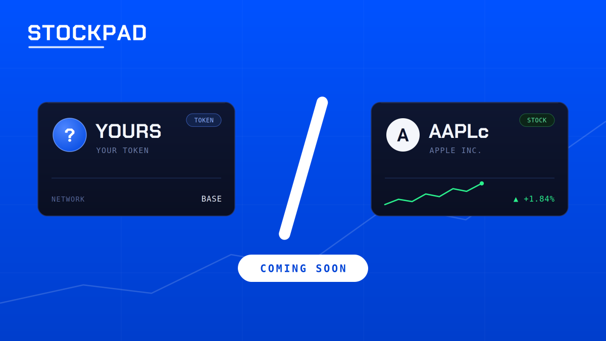 StockPadBase's tweet photo. LAUNCH TOKENS · PAIR WITH STOCKS · TRADE

The launchpad where stocks are the quote side. Launch your token, pair it with AAPLc, NVDAc, METAc and more. 

StockPad. Built on Base. Coming soon. https://t.co/ZXHfucvMtC