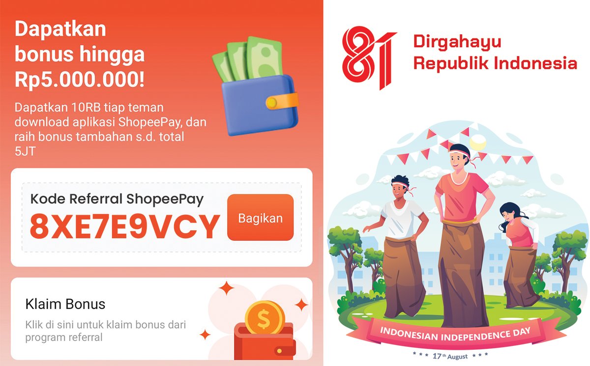 reviewtechid's tweet photo. ShopeePay Saldo Gratis Hingga 5 JT Spesial HUT RI 81💵🎁
ShopeePay App: https://t.co/OIEI15QtBy
Kode referral ShopeePay 2026: 8XE7E9VCY
#HUTRI2026 #Lomba #HutRI #IndependenceDay #DirgahayuIndonesia #SaldoGratis #HUTRI81 #HariKemerdekaan #Merdeka #SaldoGratis https://t.co/u4nMONkx2e