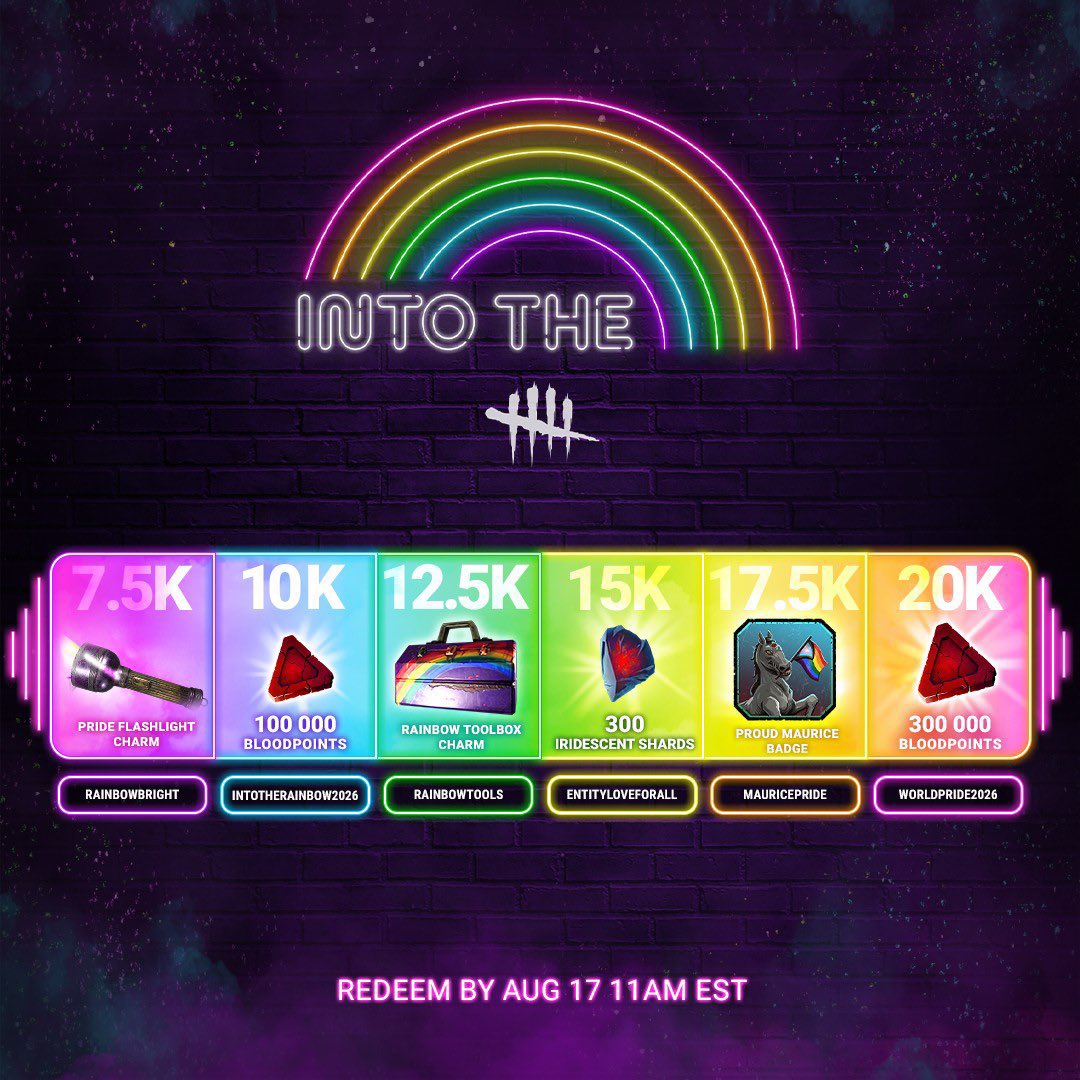 bamadbd's tweet photo. 【デドバ今日終了するコード一覧】
拡散してみんなに届けて！

CROWCAW
RAINBOWBRIGHT
INTOTHERAINBOW2026
RAINBOWTOOLS
ENTITYLOVEFORALL
MAURICEPRIDE
WORLDPRIDE2026

#DBD #DeadbyDaylight https://t.co/LPrIP61mdb