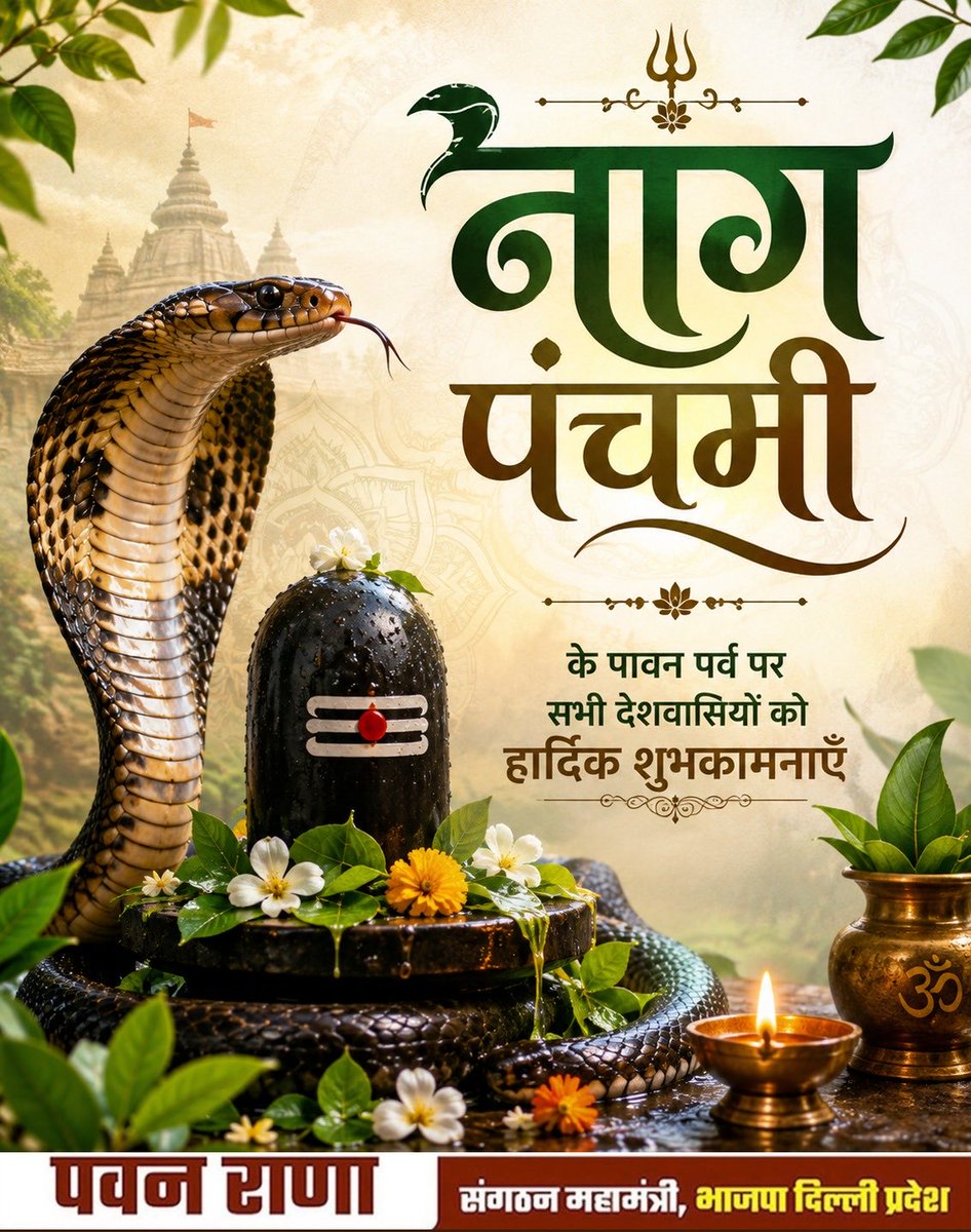 PavanRanaRSS's tweet photo. आप सभी को ‘नाग पंचमी’ के पावन पर्व की हार्दिक शुभकामनाएं।

देवाधिदेव महादेव की कृपा से यह पर्व सभी के जीवन में सुख-शांति, समृद्धि और सौभाग्य लाए।

#NaagPanchami #harharmahadev https://t.co/fhP7vBa0Xb