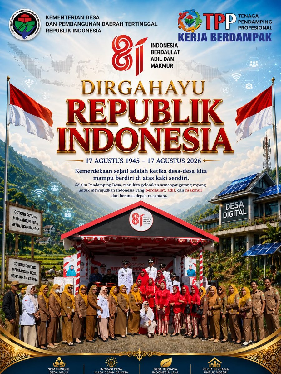 hasbiahcueq's tweet photo. DIRGAHAYU REPUBLIK INDONESIA, Dari desa Kita jaga dan bangun negeri dengan seluruh jiwa raga untuk kemakmuran bangsa
@prabowo
@YandriSusanto27
@ArizaPatria
@kemendespdt
@bpsdmkemendesa
#KibarkanMerahPutih
#HUTRIKemendesaPDT
#DesaBerdayaWargaSejahtera
#BangunDesaBangunIndonesia https://t.co/jt8T64oVdn