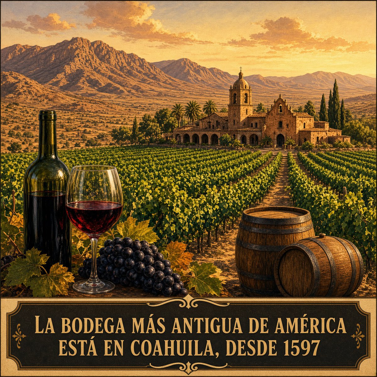 DonPorfirioDiaz's tweet photo. Pregúntale a cualquier amante del vino dónde empezó la vinicultura en América, y casi todos dirán California. O a lo mejor Argentina, o Chile. Todos se equivocan. La bodega más antigua de todo el continente americano está en un oasis verde en medio del desierto de Coahuila. Se llama Casa Madero, y lleva haciendo vino desde 1597.

La historia empieza con un desengaño. En el siglo XVI, unos exploradores españoles avanzaron hacia el norte desde Zacatecas buscando oro. No encontraron ni una pizca. Lo que encontraron, en pleno semidesierto, fue un oasis: manantiales de agua dulce y vides silvestres creciendo por todos lados. Tantas parras, que al valle lo bautizaron justo así, "Parras". Los jesuitas montaron ahí una misión y, con esas uvas silvestres, hicieron el primer vino de América.

Y en 1597, un hombre llamado Lorenzo García recibió una merced —un permiso real— del propio rey Felipe II de España, que estampó su sello, para plantar viñas y producir vino y brandy en el Valle de Parras. Ese fue el nacimiento de lo que hoy llamamos Casa Madero: la bodega más antigua del continente, y la más antigua del mundo fuera de Europa, todavía funcionando.

Y aquí está lo increíble. Un siglo después, en 1699, la Corona española prohibió la producción de vino en sus colonias, para proteger el negocio del vino allá en España. El vino mexicano quedó, básicamente, ilegalizado. Pero Casa Madero consiguió una excepción rarísima: podía seguir haciendo vino, siempre que fuera para la Iglesia. Y así, calladita, en un oasis del desierto, la bodega más antigua de América sobrevivió al mismísimo imperio que la había prohibido.

¿Y el nombre? En 1893, la hacienda la compró don Evaristo Madero, un empresario coahuilense que resultaba ser el abuelo de Francisco I. Madero, el hombre que pronto encendería la Revolución mexicana. La modernizó, y desde entonces es "Casa Madero", propiedad, hasta hoy, de la quinta generación de esa misma familia. La bodega de la familia de la Revolución sobrevivió a la prohibición, a la guerra y a cuatro siglos.

Y no es ninguna pieza de museo. Casa Madero es la vinícola más premiada de México, el primer viñedo orgánico del país, y el primer viñedo de América en recibir la prestigiosa distinción de "Pago". Sus vinos ganan medallas de oro por todo el mundo. Lo que nos lleva a algo que todo mexicano debería saber: México no solo hace tequila. Lleva haciendo vino —buen vino— más de cuatrocientos años, más tiempo que casi cualquier lugar del Nuevo Mundo.

Y todo empezó con unos españoles sedientos que salieron a buscar oro… y encontraron uvas.