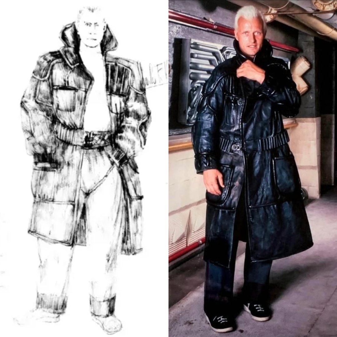 scifried's tweet photo. Roy Batty's jacket in Blade Runner (1982): an early sketch vs the final film version https://t.co/95wyDsX5XN