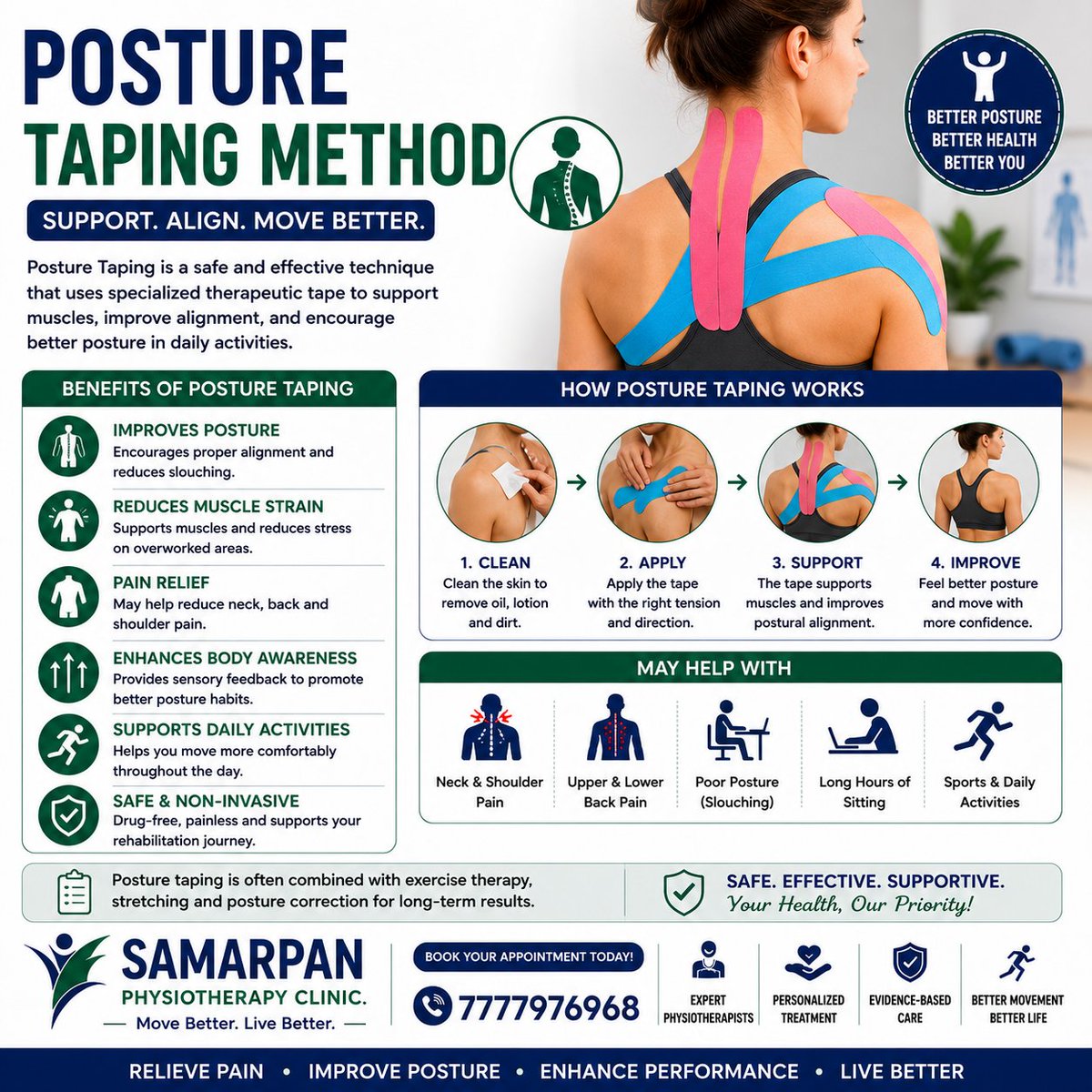physiotherapy_s's tweet photo. 📌 Posture Taping: Support Better Alignment &amp; Movement! 💪

✅ Supports postural awareness
✅ May reduce muscle strain
✅ Helps support daily movement
✅ Complements posture exercises

#PostureTaping #KinesiologyTaping #PostureCorrection #Physiotherapy #BackPain #NeckPain https://t.co/dlvi6lf4b8