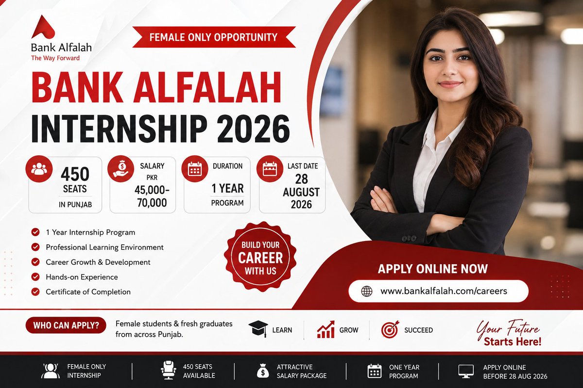 EmploymentsPk's tweet photo. 🚨 بینک الفلاح انٹرن شپ 2026 🚨

صرف خواتین کے لیے 👩‍💼
💰 تنخواہ: 45,000 سے 70,000
📍 پنجاب کے 31 شہر
📅 آخری تاریخ: 28 اگست

Apply: https://t.co/b4hPmCv9WF

#بینک_الفلاح #نوکریاں #انٹرن_شپ https://t.co/wG2inQ0orG