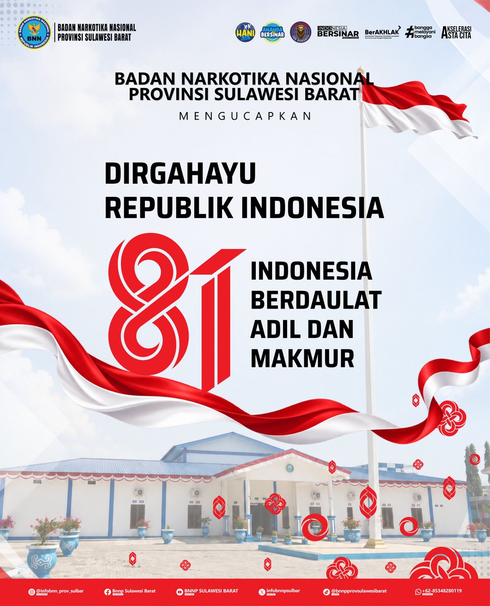 infobnnpsulbar's tweet photo. Dirgahayu Republik Indonesia ke-81!

"Bersama kita wujudkan Indonesia yang semakin tangguh, berdaulat, adil dan makmur untuk seluruh rakyatnya"

#HUTRI81Indonesia🇮🇩 https://t.co/icU0HocDED
