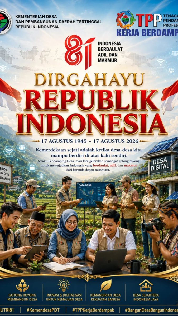 AlqadriRuli's tweet photo. DIRGAHAYU REPUBLIK INDONESIA, Dari desa Kita jaga dan bangun negeri dengan seluruh jiwa raga untuk kemakmuran bangsa
@prabowo
@YandriSusanto27
@ArizaPatria
@kemendespdt
@bpsdmkemendesa
#KibarkanMerahPutih
#HUTRIKemendesaPDT
#DesaBerdayaWargaSejahtera
#BangunDesaBangunIndonesia https://t.co/7o7gURWZj6