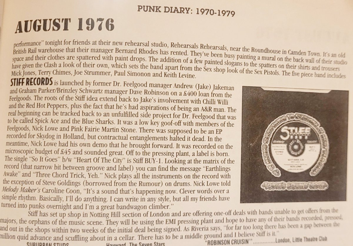 Dfactor's tweet photo. 50 years ago, in mid-month August 1976, Stiff Records was born! Remember the famous slogan? "If it ain't Stiff, it ain't worth a f***!" Read the story of its formation in this pic, courtesy of @GeorgeGimarc's Punk Rock Diary. https://t.co/wy1XdblUWS