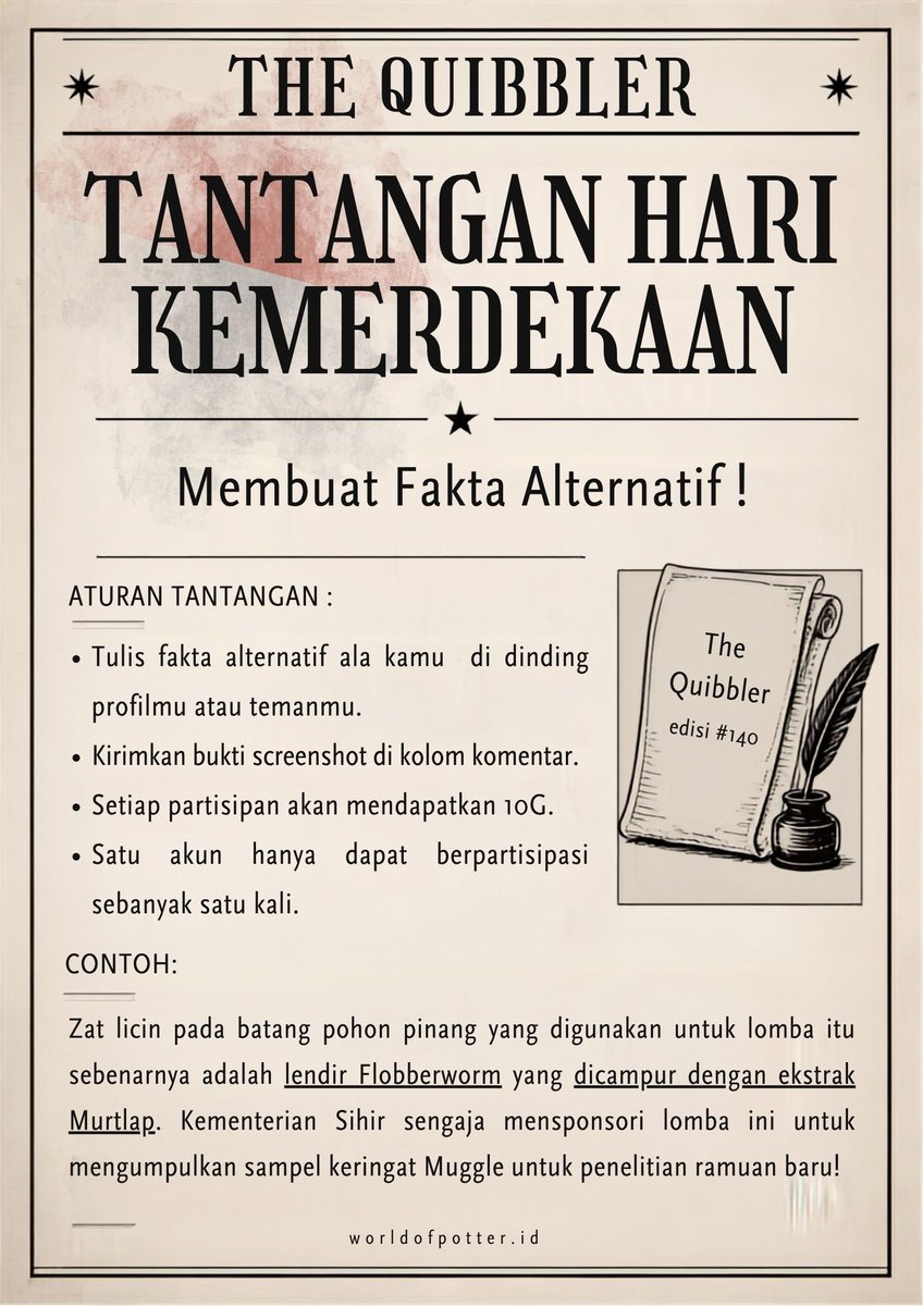 WorldofPotterID's tweet photo. Ayo ikutan tantangan hari kemerdekaan quibbler! https://t.co/rq3QkAsFDQ