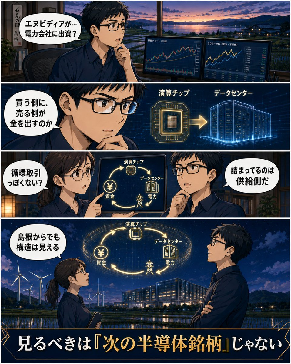 kavueditor's tweet photo. NVIDIAが電力会社に出資する時代になった。
The Information報道では、NVIDIAがソフトバンク傘下のSB Energyに最大30億ドルを出資する方向で協議中。オハイオのOpenAI向けDC案件に絡む話だ。
構造が完全に変わっている。
従来: DCを建てる企業がGPUを買う
現在: GPUメーカーが資本と信用を出す ��� DCが建つ → GPUが売れる
売り手が買い手に金を出す。ベンダーファイナンスだと警戒する声もあるが、俺はポジティブに見てる。ボトルネックが需要側じゃなく供給側にあるからだ。GPUを買いたい企業は山ほどいる。足りないのは建物と電力と、それを建てる金。詰まりを解消してるだけで、売れないものを無理に売る資金供給とは性質が違う。
同じ日、Anthropicは年間150億ドルを計算資源に払いながら調整後営業利益が黒字化した。AI企業は赤字が続くという前提が崩れた。俺がAIはまだ強くなると思ってる根拠は、モデルの性能じゃなくてこの地味な変化のほうだ。
島根から見てても、資金の流れが変わったのははっきりわかる。
皆さんはこの構造、健全だと思いますか？
