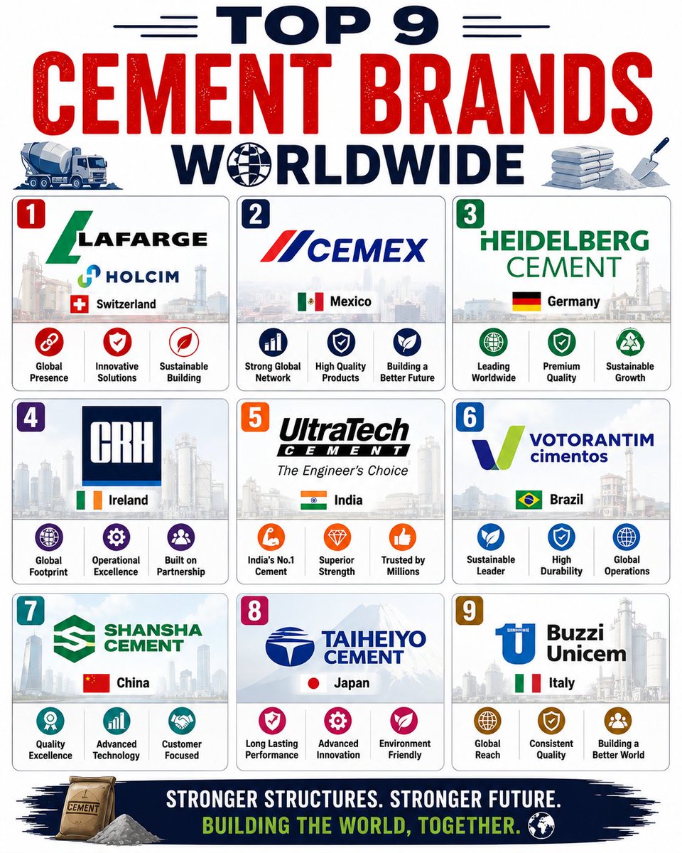 Top_9__'s tweet photo. 🏗️ Ever wondered which companies are literally building the world we live in?

From Switzerland to India, Japan to Brazil, here are 9 of the biggest cement brands shaping construction worldwide. 🌍 https://t.co/ohvkSs8UJe