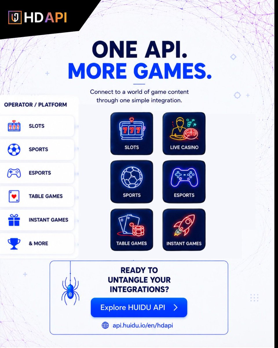 HuiduAPI's tweet photo. 🕸️ More game providers shouldn’t mean a web of integrations.

⚡ One API
🎮 Multiple Providers
🌐 More Game Content

Untangle your integrations with HUIDU API.

https://t.co/hT7GrxlE2Q

#HUIDUAPI #GameAPI #SpiderMan https://t.co/FTVeDm4zzo